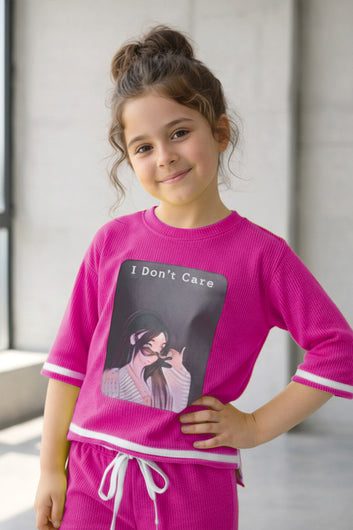 Girls Pink Rib Printed T-shirt and trouser set