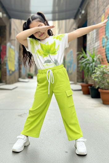 Girls Yellow Rib Florel Printed T-shirt and Cargo pant Sets