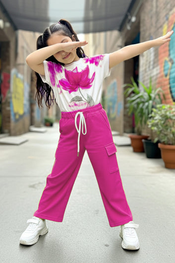 Girls Pink Rib Florel Printed T-shirt and Cargo pant Sets