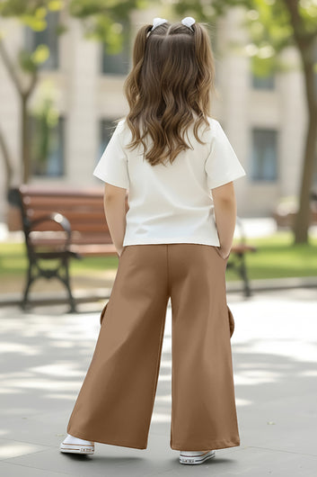 Girls Brown Rib Short Sleeve Bow Applique Design Top and Palazzo Set For Girls Clothing Sets