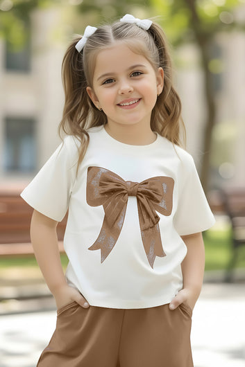 Girls Brown Rib Short Sleeve Bow Applique Design Top and Palazzo Set For Girls Clothing Sets