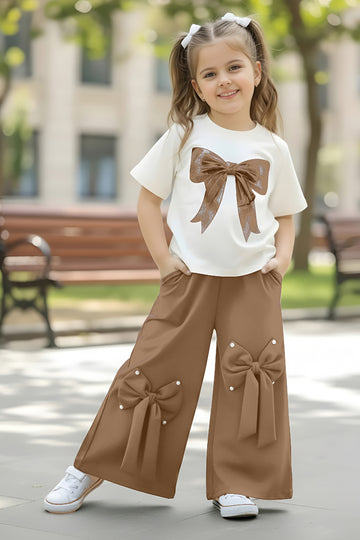 Girls Brown Rib Short Sleeve Bow Applique Design Top and Palazzo Set For Girls Clothing Sets