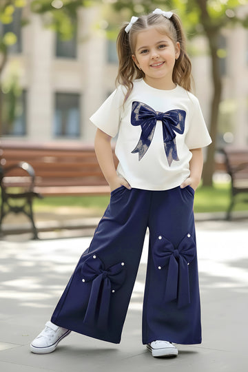Girls White Rib T-shirt And Bow Detail Palazzo Pant Set