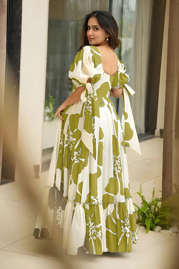Women's Green Rayon Floral Printed Maxi length Dress