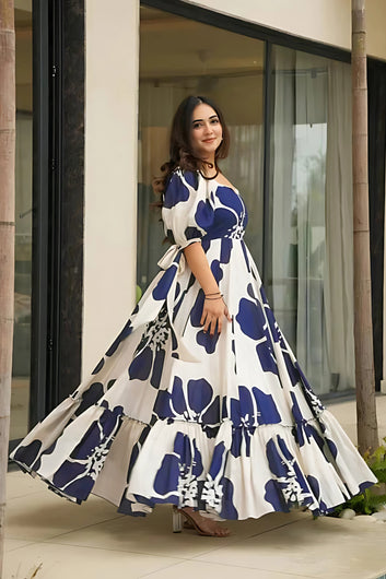 Women's Navy Blue Rayon Floral Printed Maxi length Dress