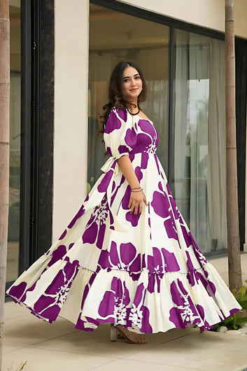 Women's Wine Rayon Floral Printed Maxi length Dress