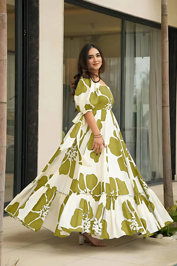 Women's Green Rayon Floral Printed Maxi length Dress