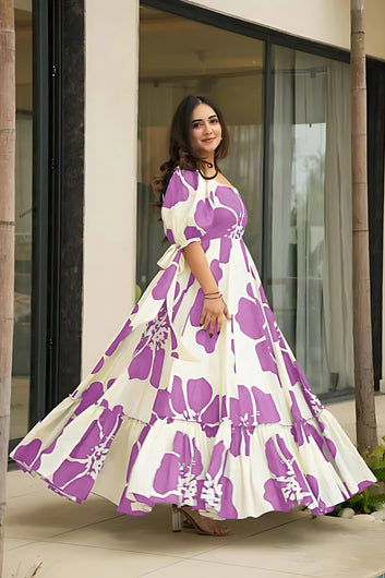 Women's Lavender Rayon Floral Printed Maxi length Dress