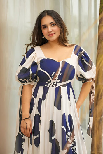 Women's Navy Blue Rayon Floral Printed Maxi length Dress