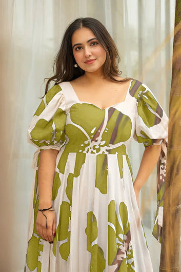 Women's Green Rayon Floral Printed Maxi length Dress