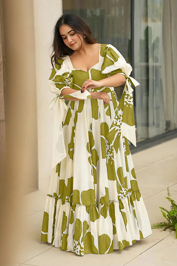 Women's Green Rayon Floral Printed Maxi length Dress
