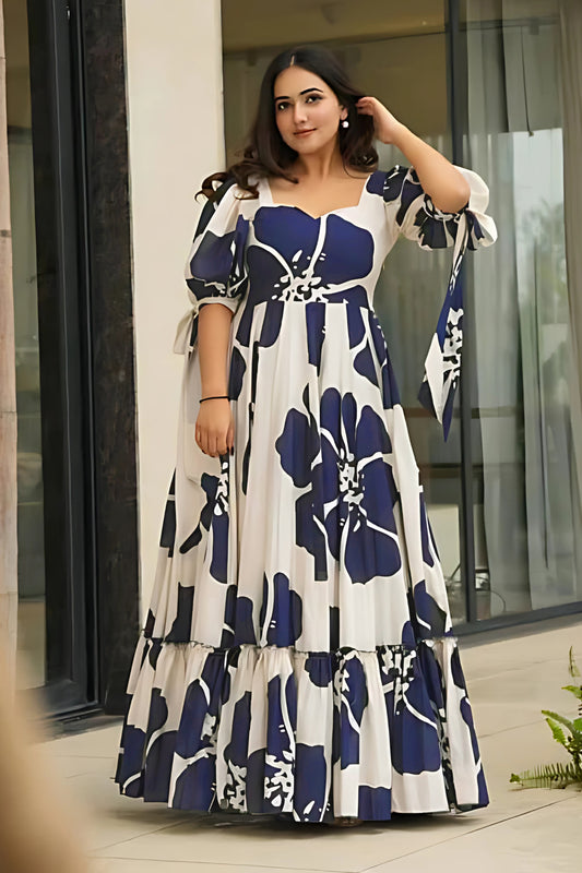 Women's Navy Blue Rayon Floral Printed Maxi length Dress
