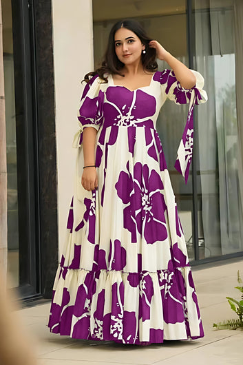 Women's Wine Rayon Floral Printed Maxi length Dress