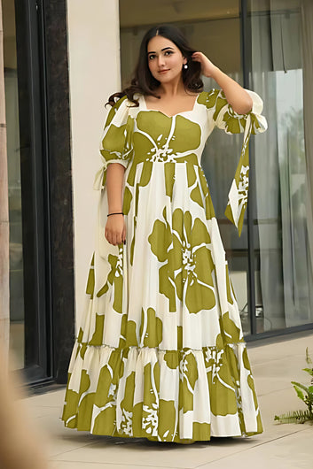 Women's Green Rayon Floral Printed Maxi length Dress