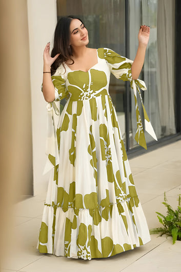 Women's Green Rayon Floral Printed Maxi length Dress
