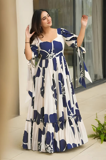 Women's Navy Blue Rayon Floral Printed Maxi length Dress