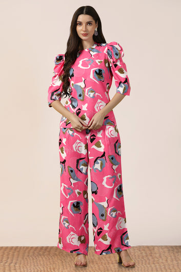 Womens Pink Cotton Blend Abstract Printed co-ord Sets
