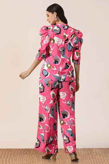 Womens Pink Cotton Blend Abstract Printed co-ord Sets