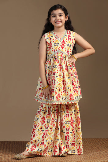 Girls Yellow Cotton Blend Ajrakh Printed Empire Waist Kurta With Sharara Set