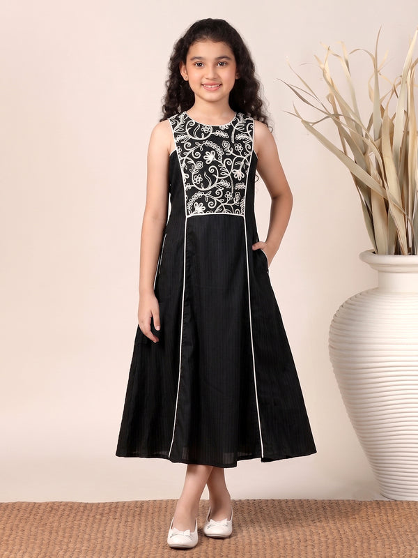 Girls Black Cotton Blend Sleeveless Embroidered Girls Stylish Trendy Dress
