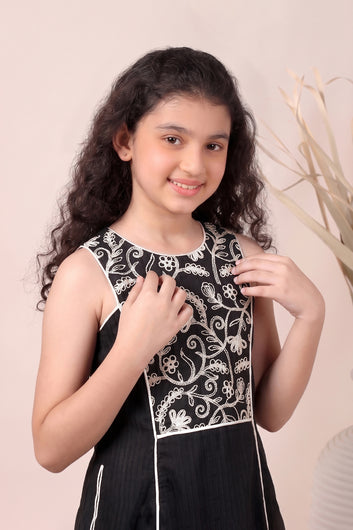 Girls Black Cotton Blend Sleeveless Embroidered Girls Stylish Trendy Dress