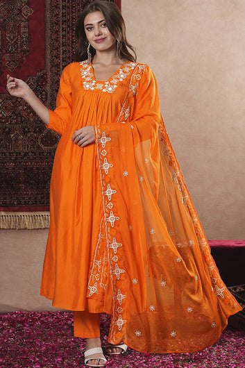 Womens Orange Chinon Silk Embroidered Kurta Set with Dupatta