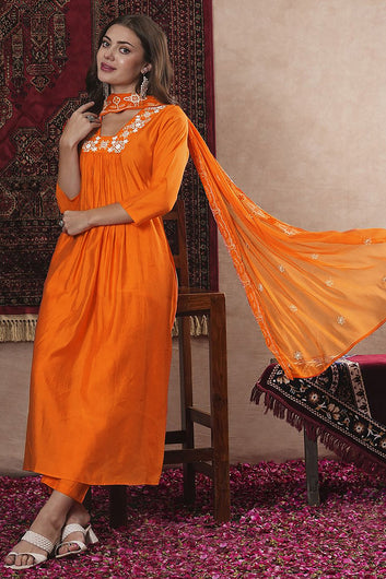 Womens Orange Chinon Silk Embroidered Kurta Set with Dupatta