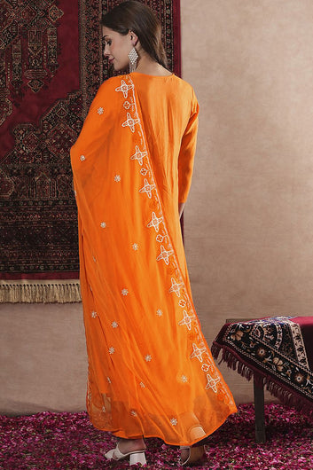 Womens Orange Chinon Silk Embroidered Kurta Set with Dupatta