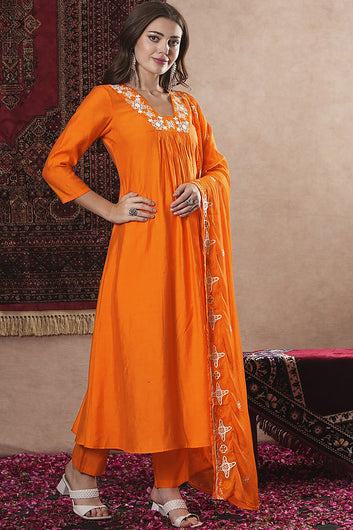 Womens Orange Chinon Silk Embroidered Kurta Set with Dupatta