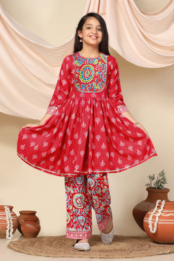 Girls Red Slub Motif Printed Knee Length A-Line Kurta With Pant Set