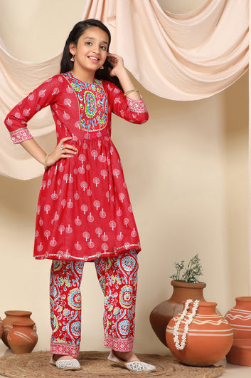 Girls Red Slub Motif Printed Knee Length A-Line Kurta With Pant Set