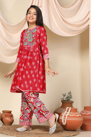 Girls Red Slub Motif Printed Knee Length A-Line Kurta With Pant Set