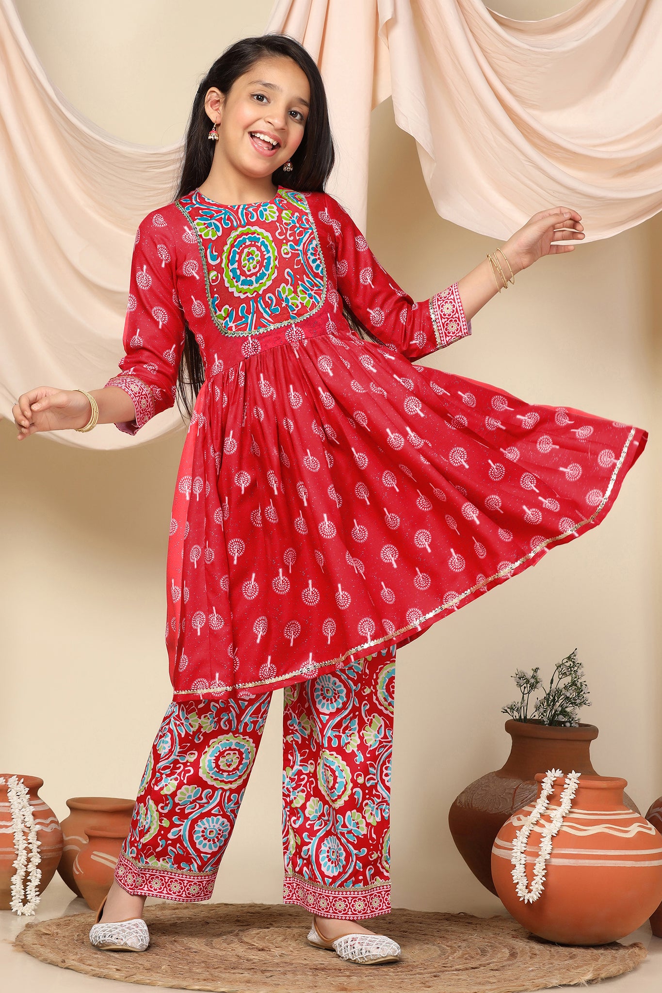 Girls Red Slub Motif Printed Knee Length A-Line Kurta With Pant Set