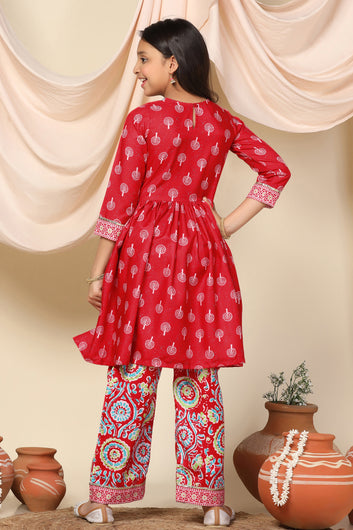 Girls Red Slub Motif Printed Knee Length A-Line Kurta With Pant Set