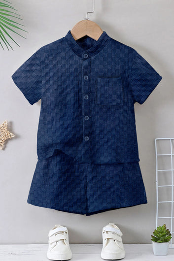 Boys Navy Blue Rider Solid Shirt With Short Pant Set