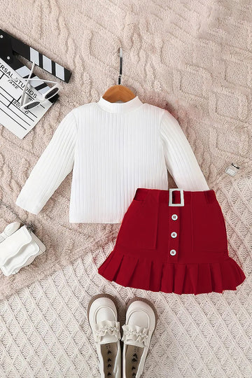 Girls White Rib Solid Top and Marron Solid Skirt Set Girls Trendy Sets