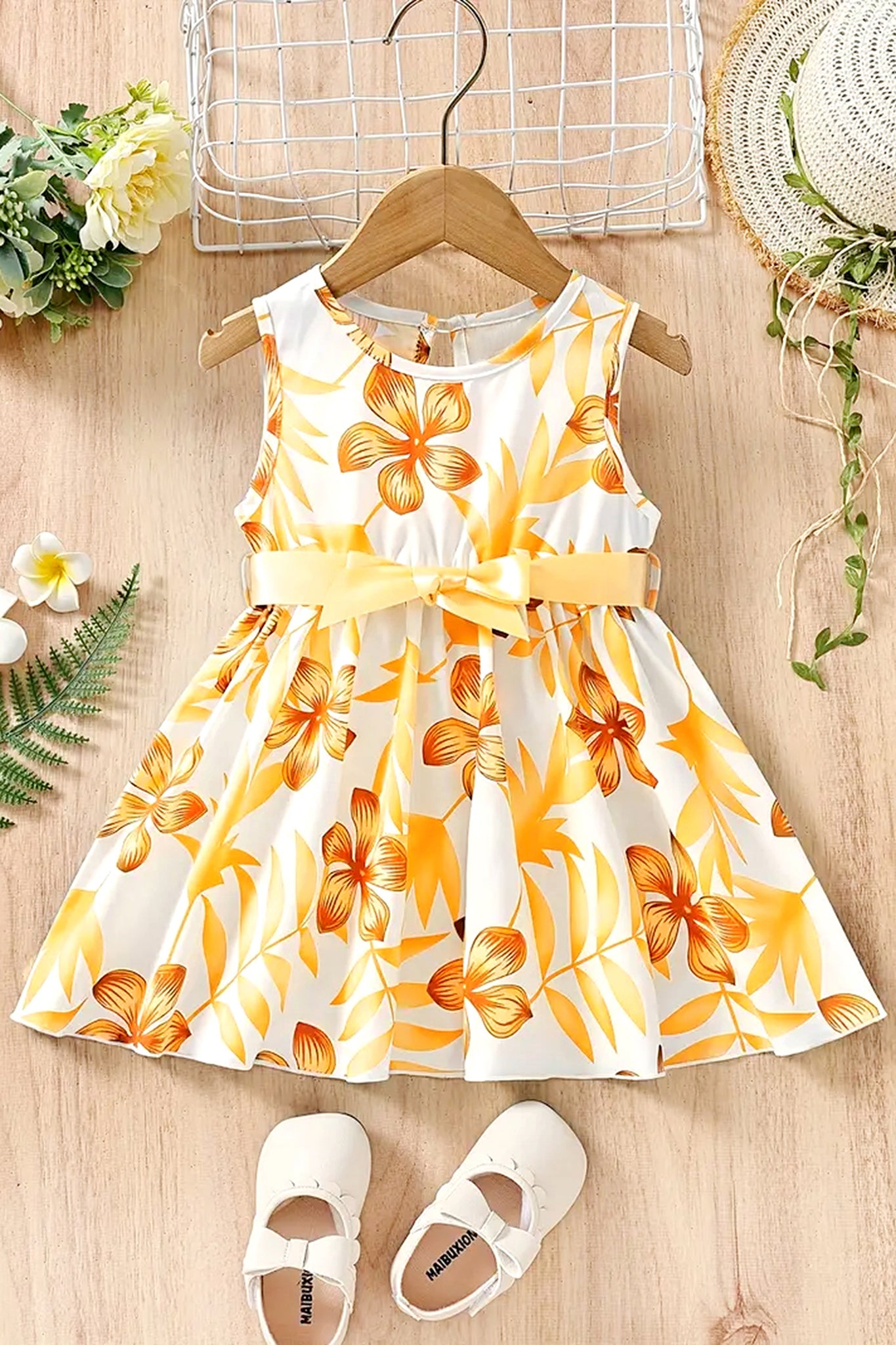 Girls Yellow Cottton Blend Floral Printed Fit And Flare Knee Length Dress