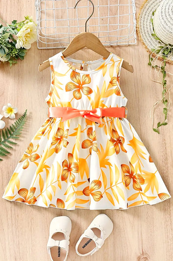 Girls Yellow Cottton Blend Floral Printed Fit And Flare Knee Length Dress