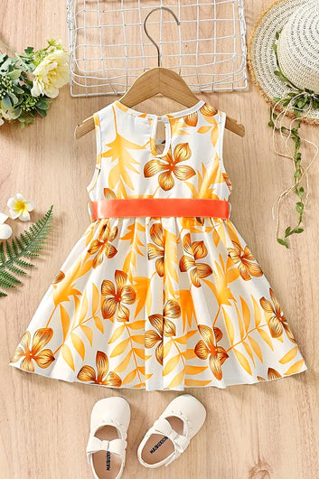 Girls Yellow Cottton Blend Floral Printed Fit And Flare Knee Length Dress