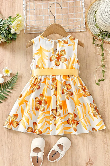 Girls Yellow Cottton Blend Floral Printed Fit And Flare Knee Length Dress