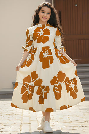 Girl's Rust Rayon Floral Printed Midi Dress
