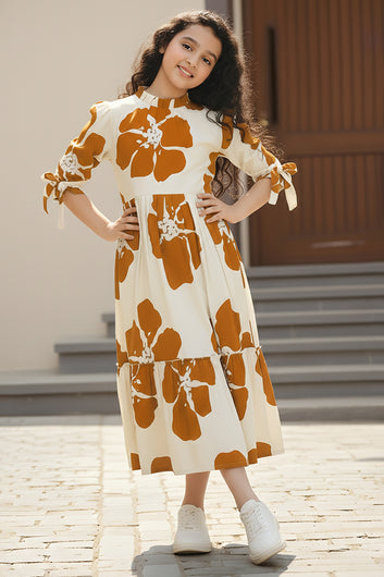Girl's Rust Rayon Floral Printed Midi Dress