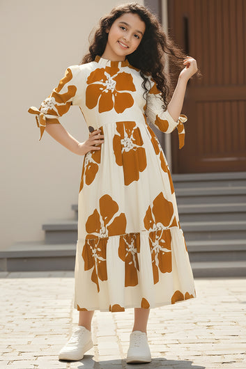 Girl's Rust Rayon Floral Printed Midi Dress