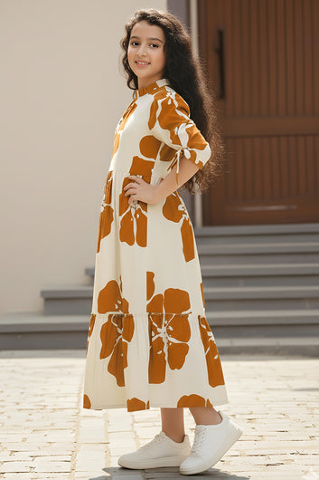 Girl's Rust Rayon Floral Printed Midi Dress