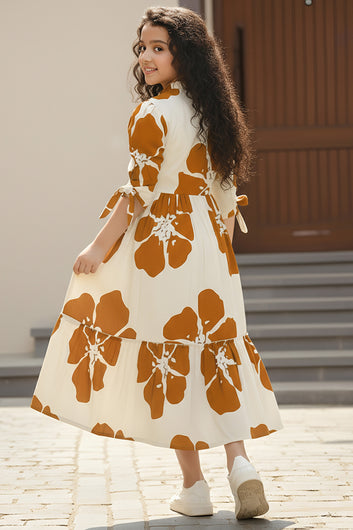Girl's Rust Rayon Floral Printed Midi Dress