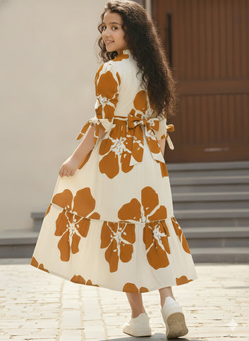 Girl's Rust Rayon Floral Printed Midi Dress