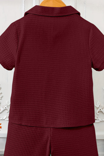 Boys Maroon Cotton Blend Solid Shirt With Short Pant Set