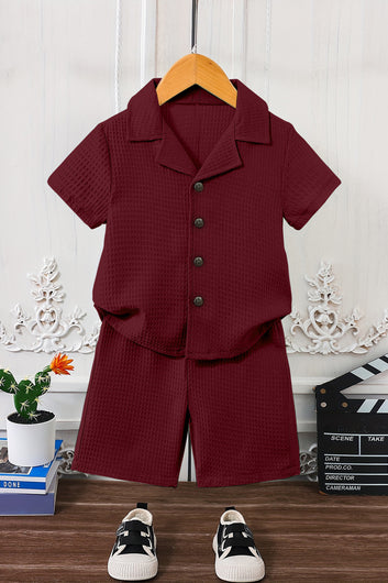 Boys Maroon Cotton Blend Solid Shirt With Short Pant Set