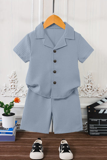 Boys Light Blue Cotton Blend Solid Shirt With Short Pant Set