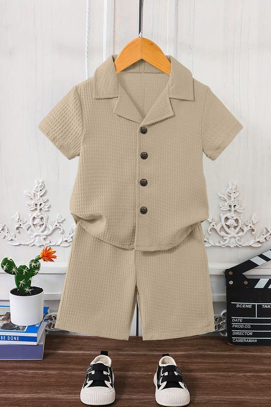 Boys Beige Cotton Blend Solid Shirt With Short Pant Set